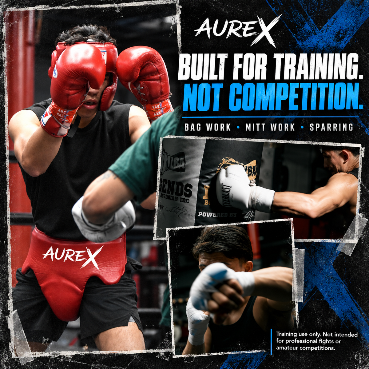 A collage-style promotional graphic for AUREX boxing gear, featuring a boxer in a ring wearing red AUREX gloves and red AUREX shorts, with inset action photos of sparring and mitt work. Large text reads 'AUREX BUILT FOR TRAINING.