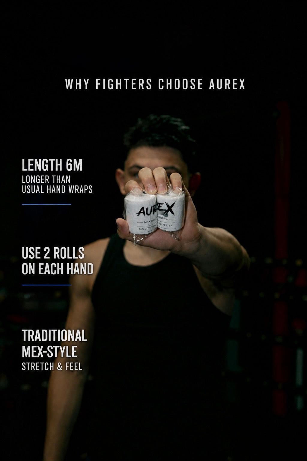 Aurex boxing hand wrap tutorial showing how to properly wrap your hands and wrists for boxing training, sparring, and heavy bag work using long Mexican-style hand wraps.
