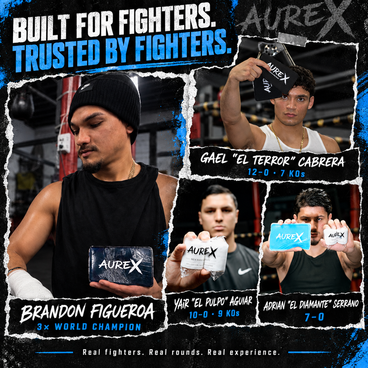 Promotional graphic for the AUREX boxing brand, featuring multiple fighter portraits holding up the gel pads with blue branding. The design includes the text 'BUILT FOR FIGHTERS. fighter included in this poster is three time world champion Brandon Figueroa. Gael Cabrera. Yair "el pulp" Aguiar. Adrian Serrano.