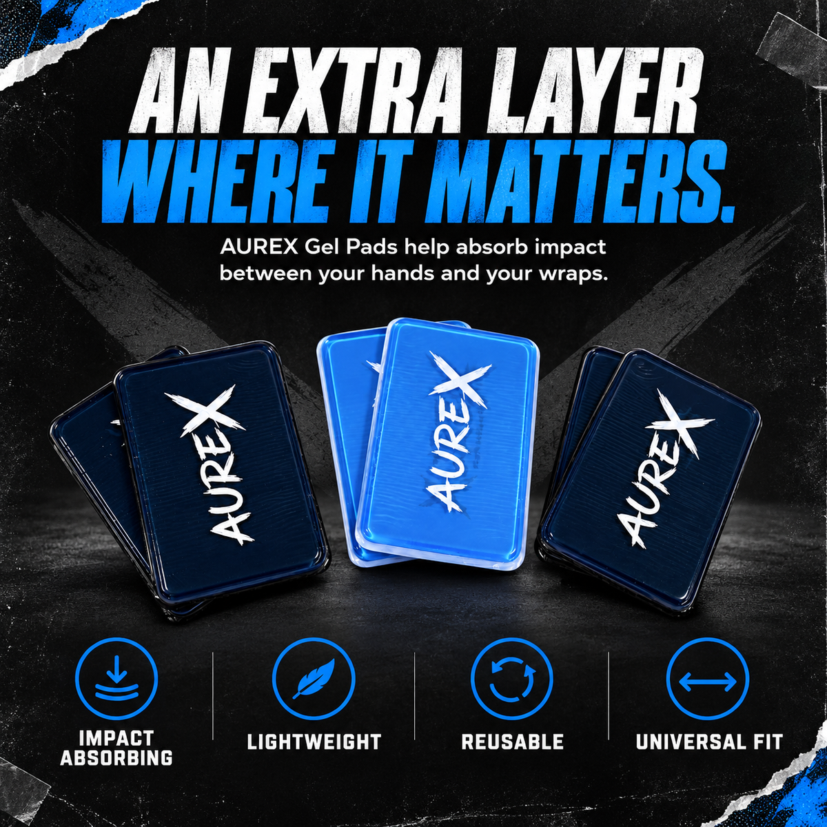 A set of AUREX gel pads shown in dark navy and bright blue, with marketing text at the top and feature icons at the bottom on a dark textured background.