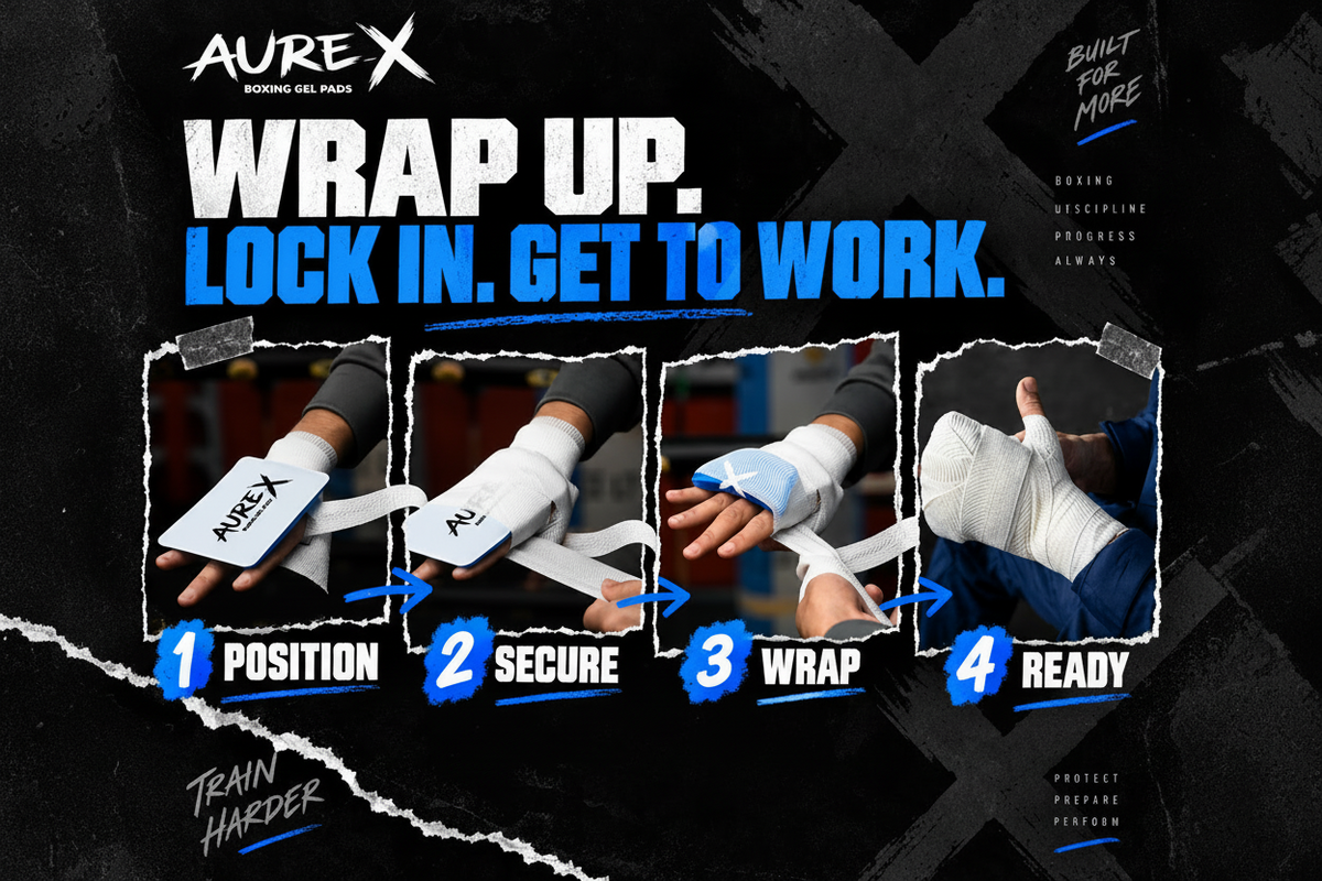 Promotional graphic for AUREX boxing gel pads showing a four-step tutorial on how to position and secure the pads under hand wraps. The graphic features four panels with hands demonstrating the process, labeled 'POSITION', 'SECURE', 'WRAP', and 'READY'.