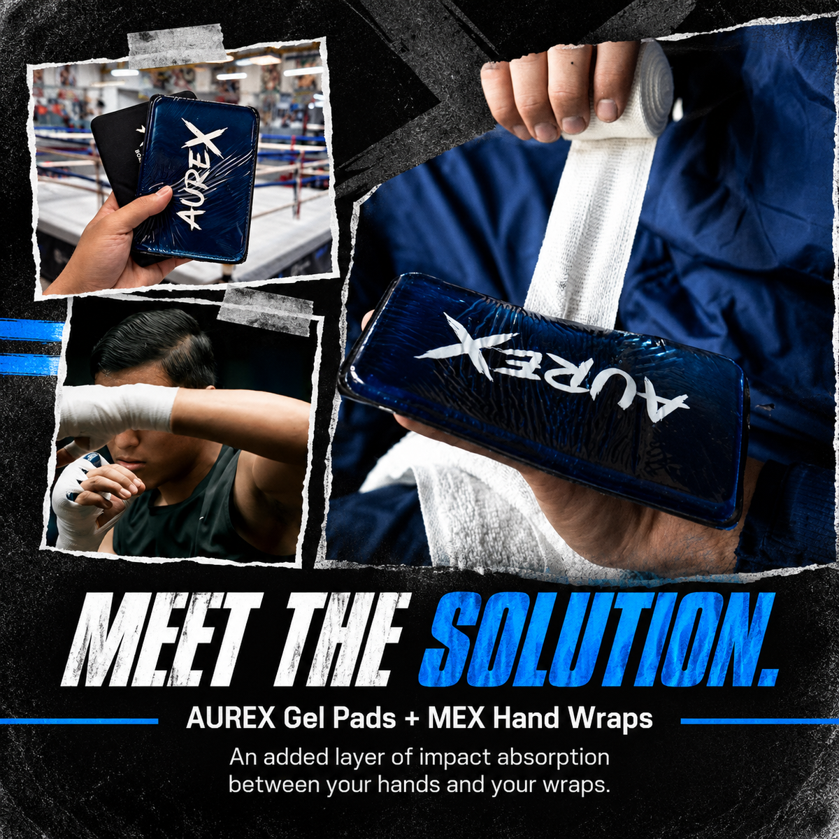 Promotional collage for AUREX Gel Pads and MEX Hand Wraps, showing a hand holding a dark blue AUREX gel pad, a boxer wrapping a hand in white MEX tape, and text reading 'MEET THE SOLUTION.' on a dark graphic background.