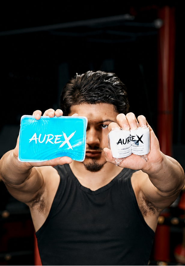 Professional boxer holding AUREX boxing gel pads and white MEX hand wraps toward the camera inside a boxing gym.