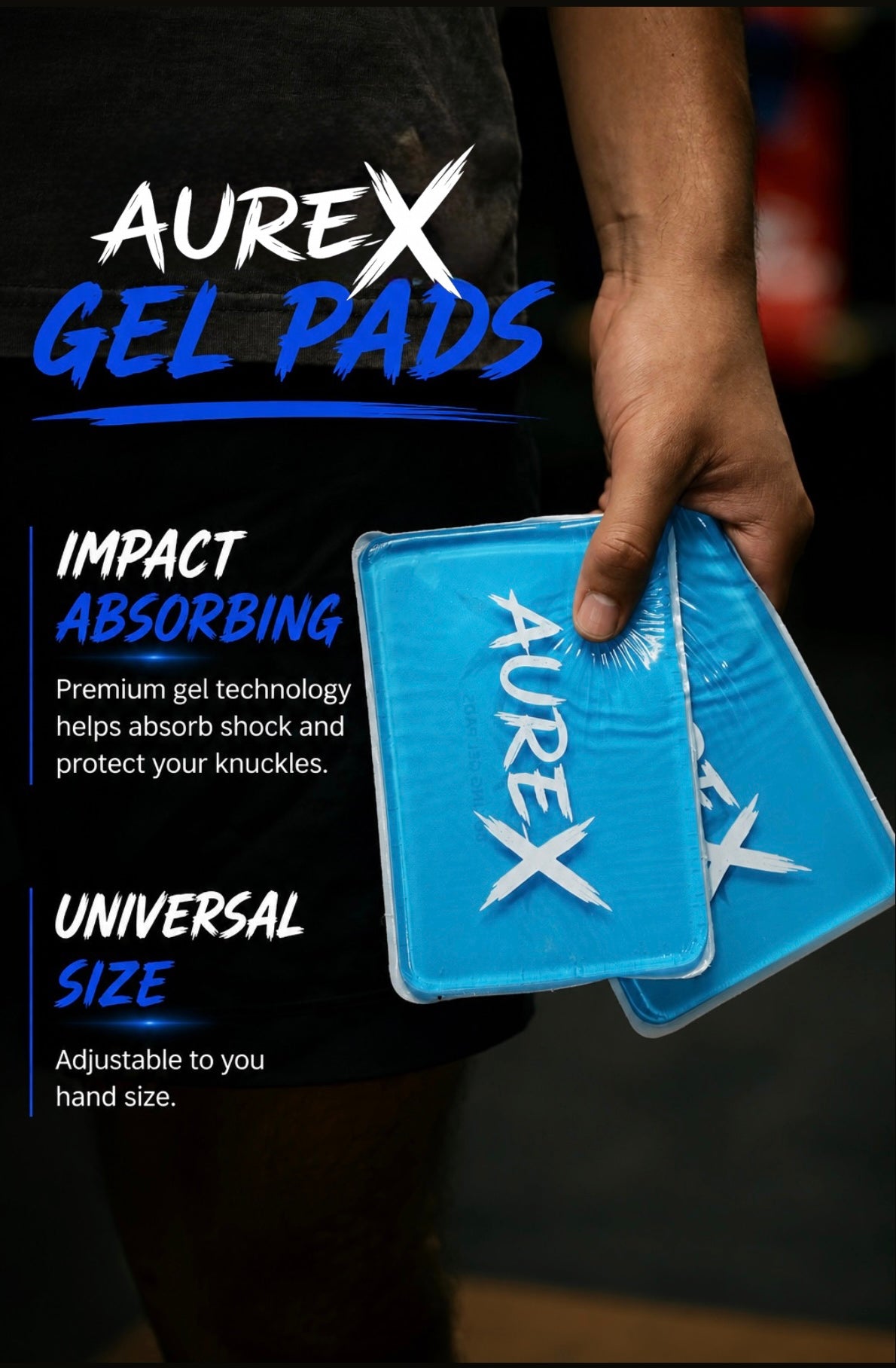 Professional fighter holding Aurex impact-absorbing boxing gel pads for protecting the knuckles during training